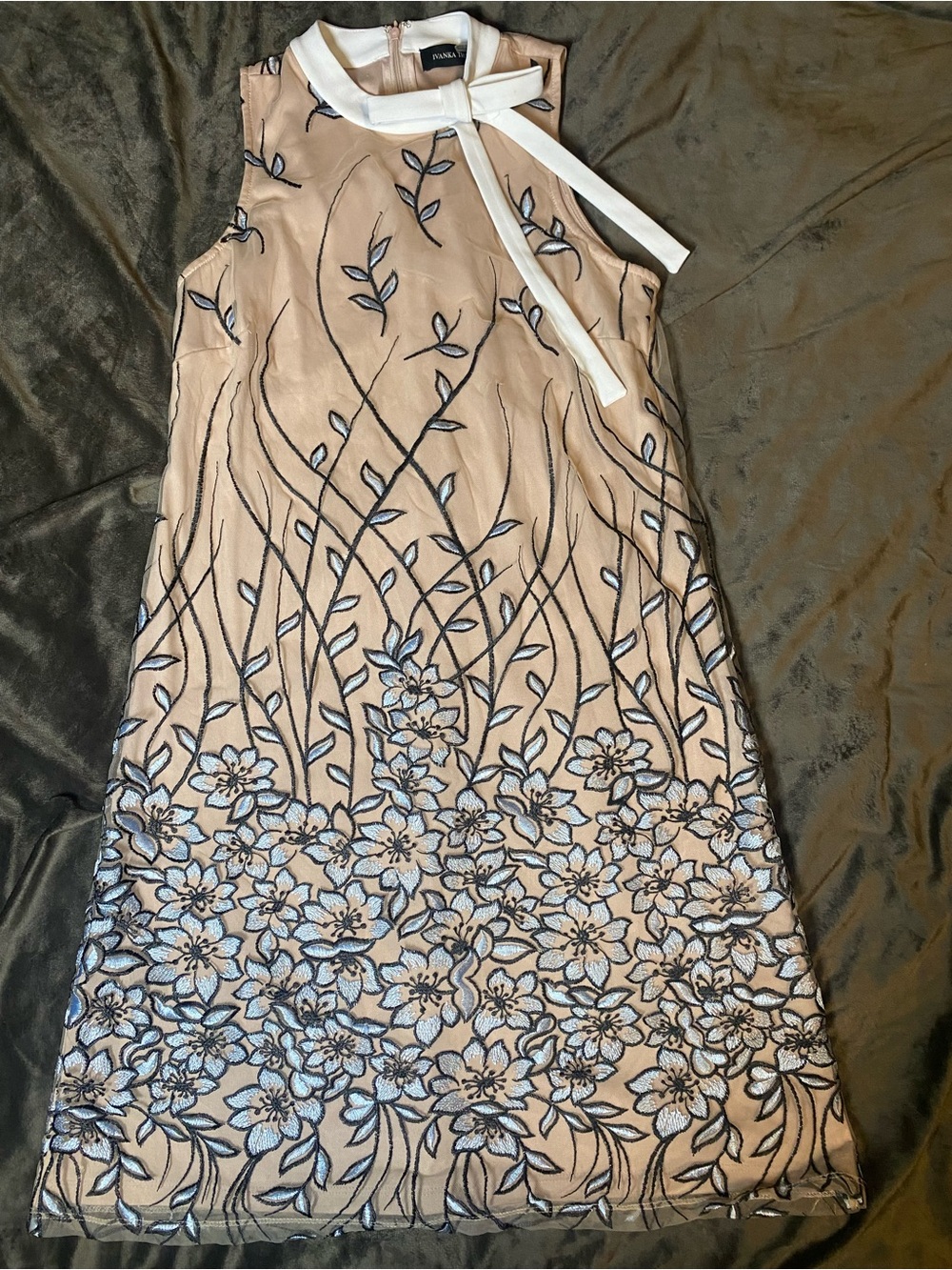 Ivanka Trump Beige Mini Dress with Blue and Black Floral Embroidery